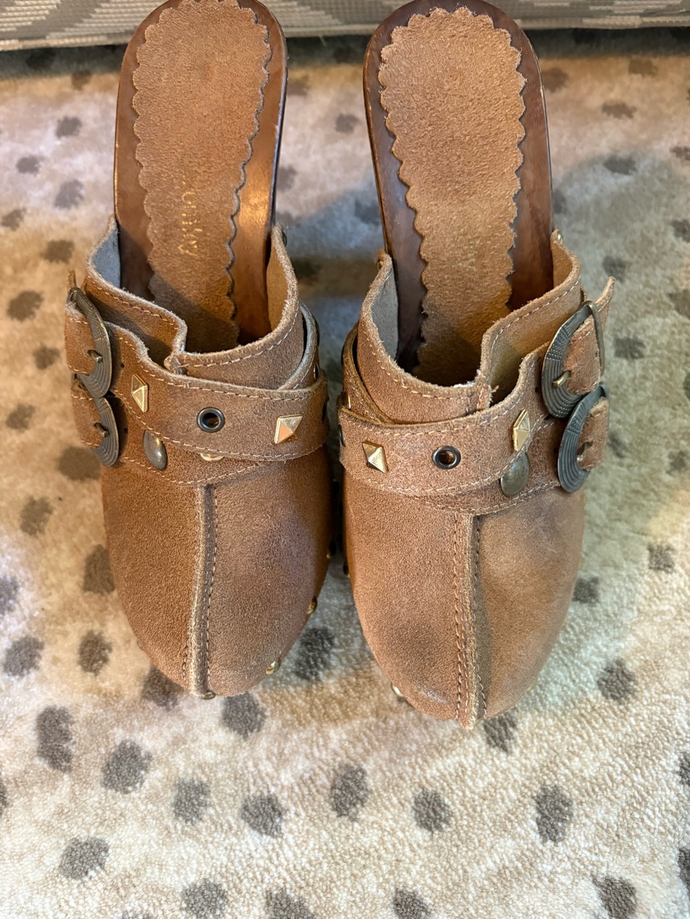 Russell & Bromley brown suede studded clogs with a wooden platform heel size 6